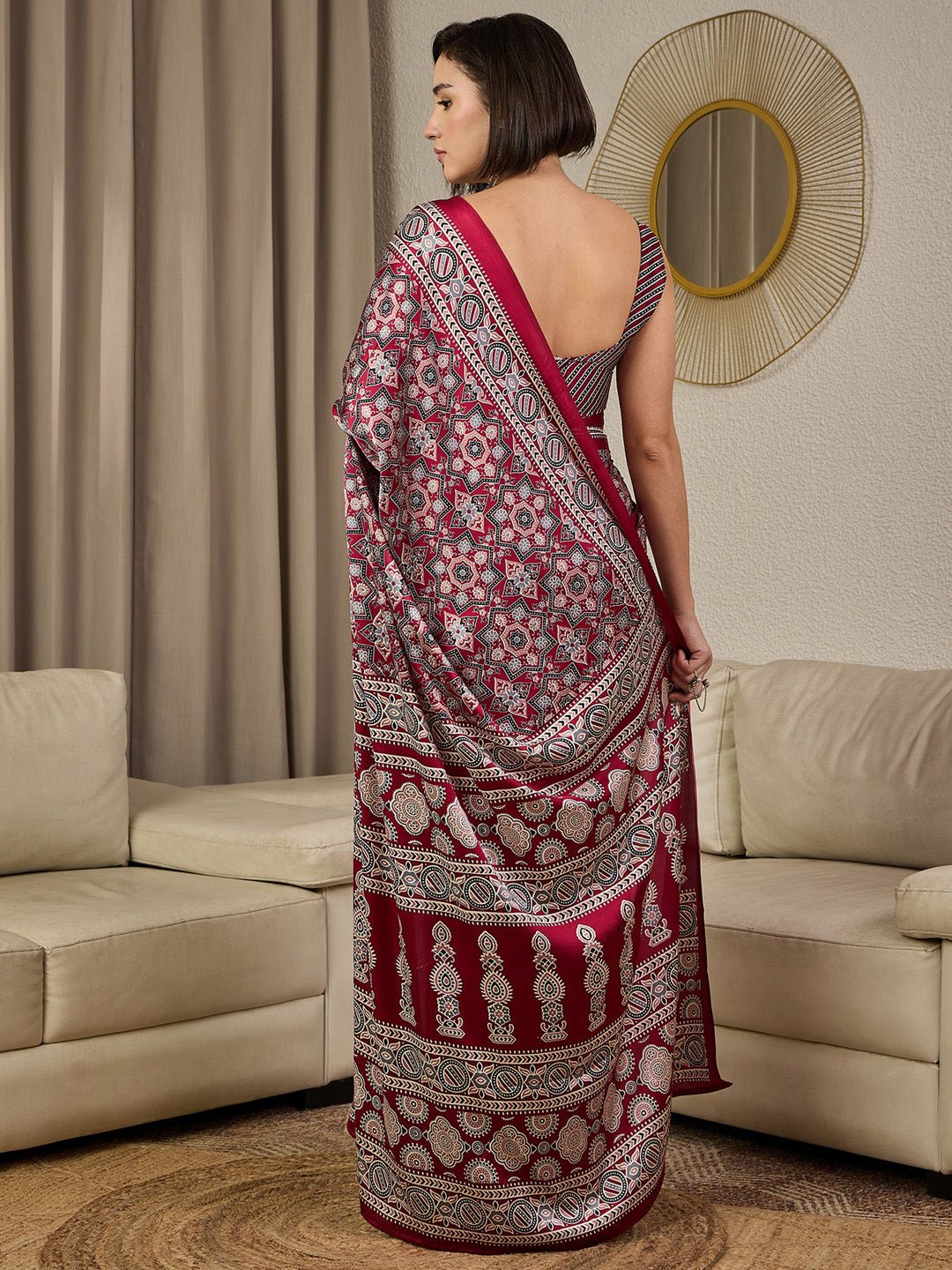 Maroon Satin Silk Ajrakh Block Printed Saree - Ressa