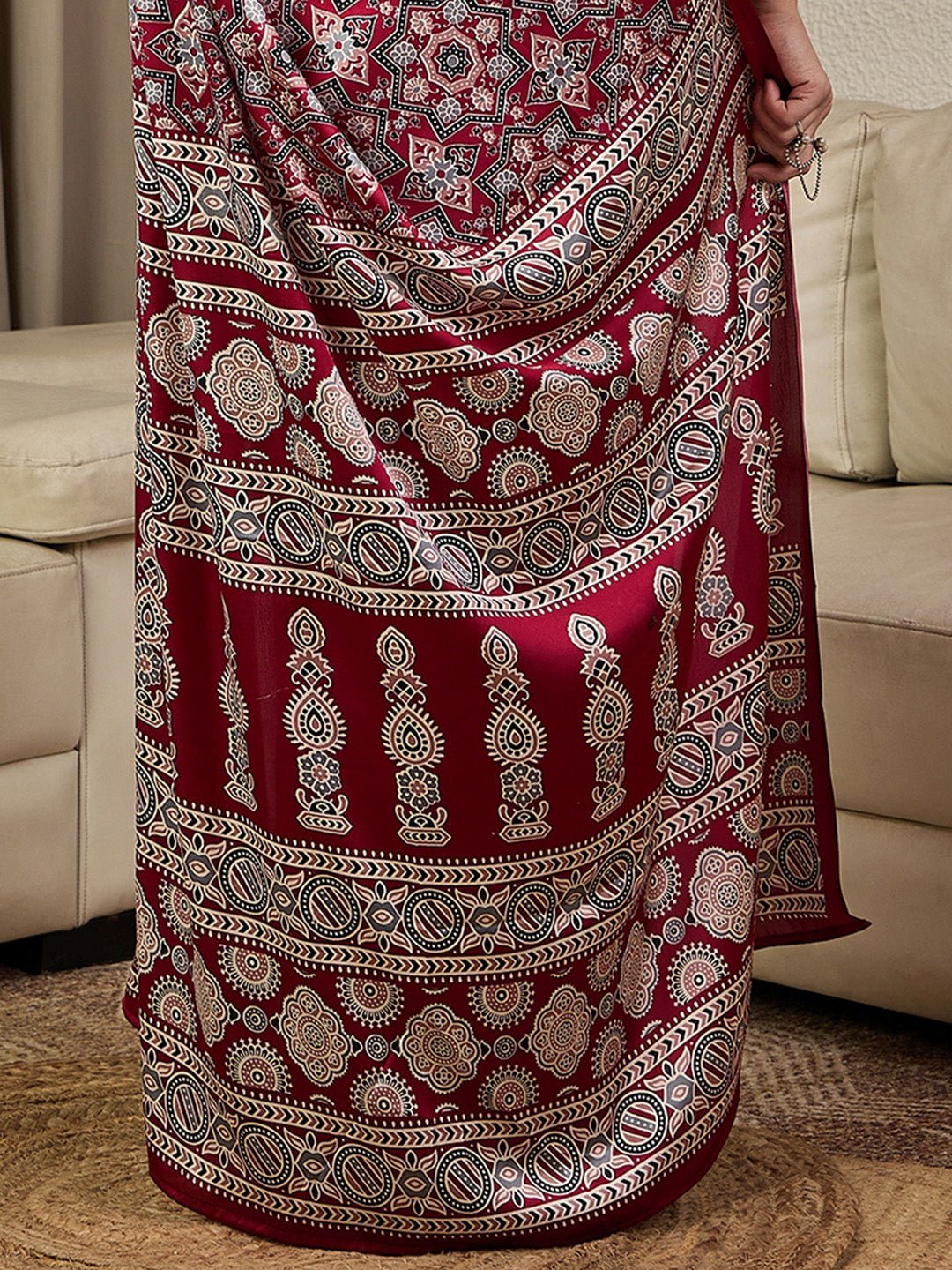 Maroon Satin Silk Ajrakh Block Printed Saree - Ressa