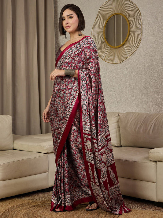 Maroon Satin Silk Ajrakh Block Printed Saree - Ressa