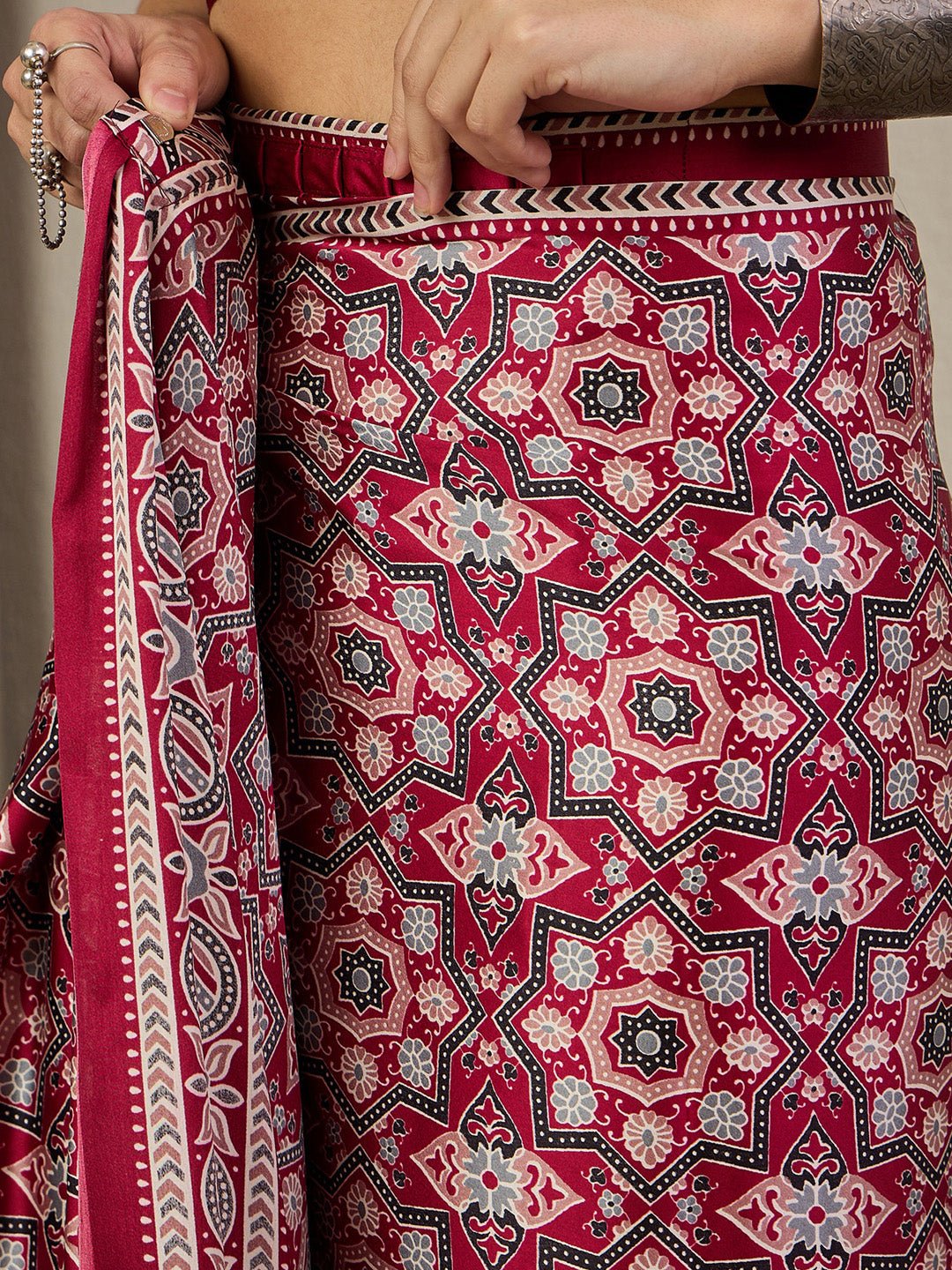 Maroon Satin Silk Ajrakh Block Printed Saree - Ressa