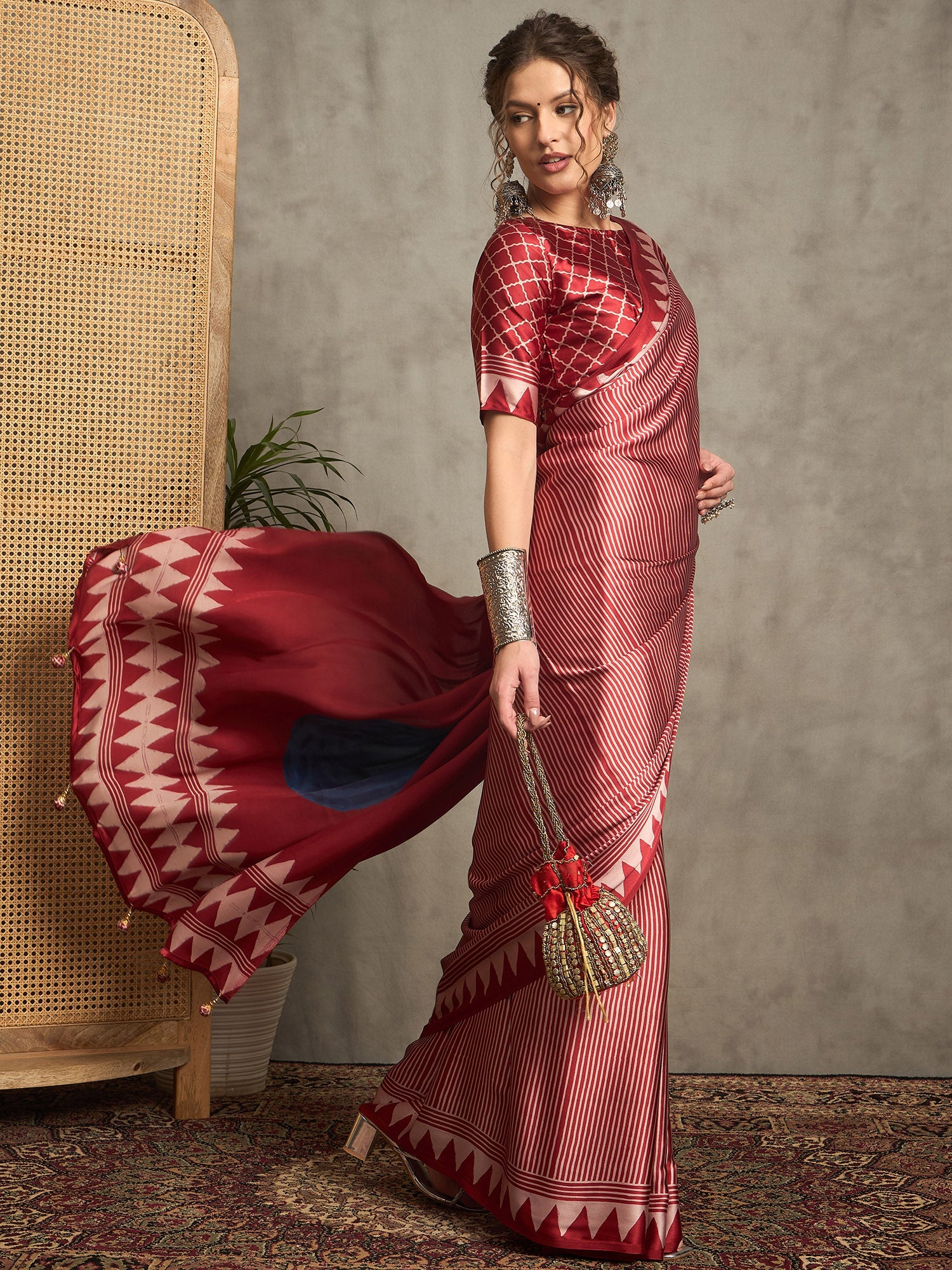 Maroon Satin Silk Ajrakh Print Geometric Motif - Ressa
