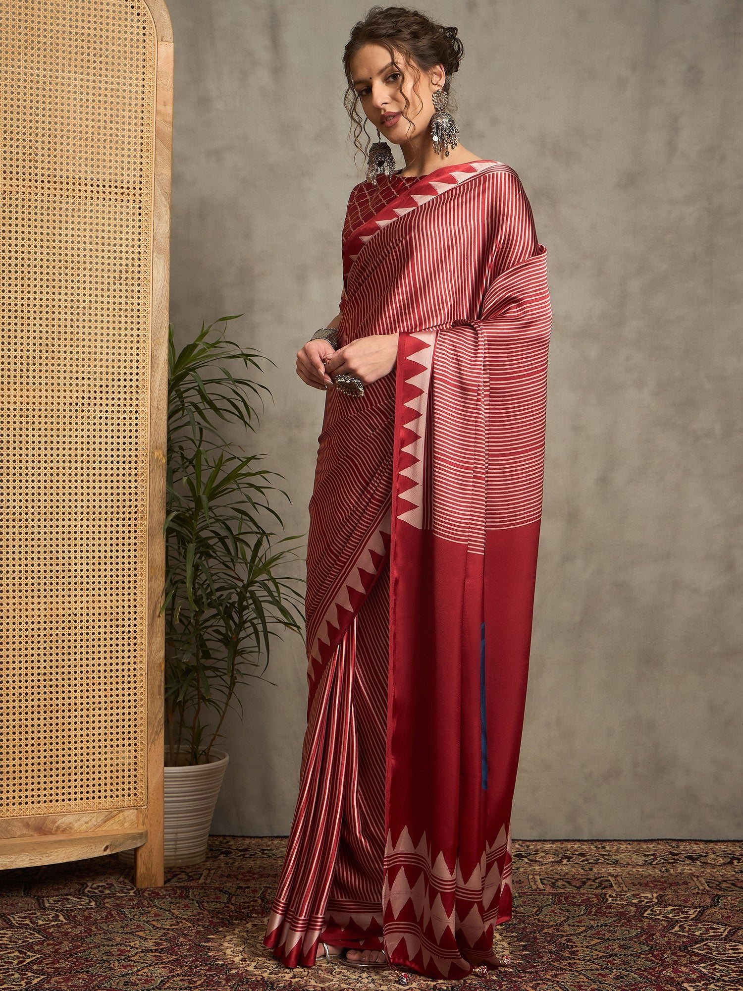 Maroon Satin Silk Ajrakh Print Geometric Motif - Ressa