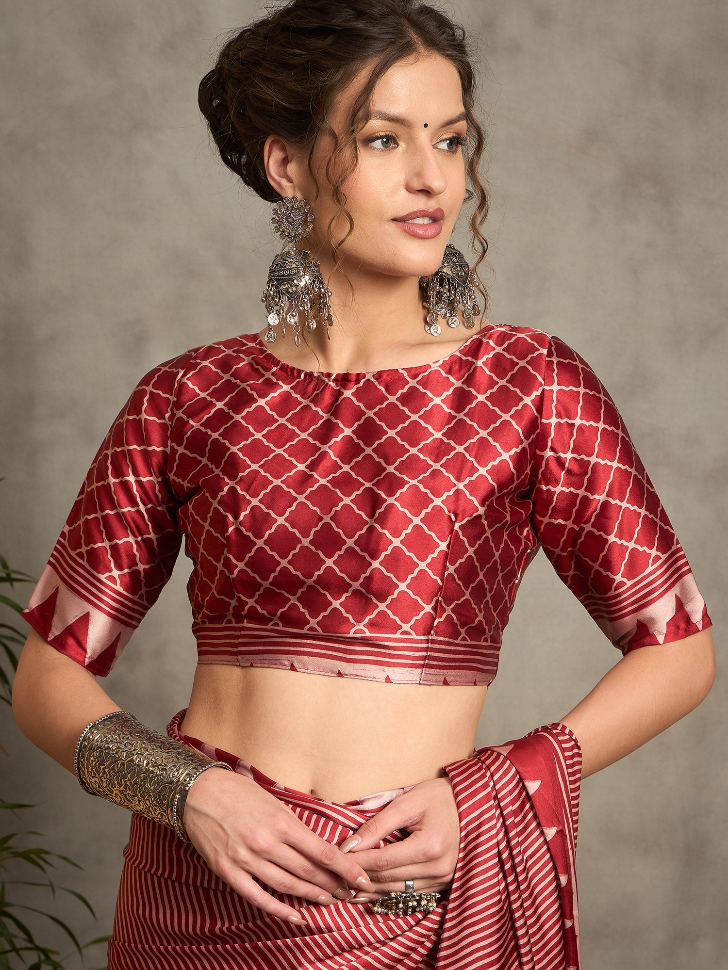 Maroon Satin Silk Ajrakh Print Geometric Motif - Ressa