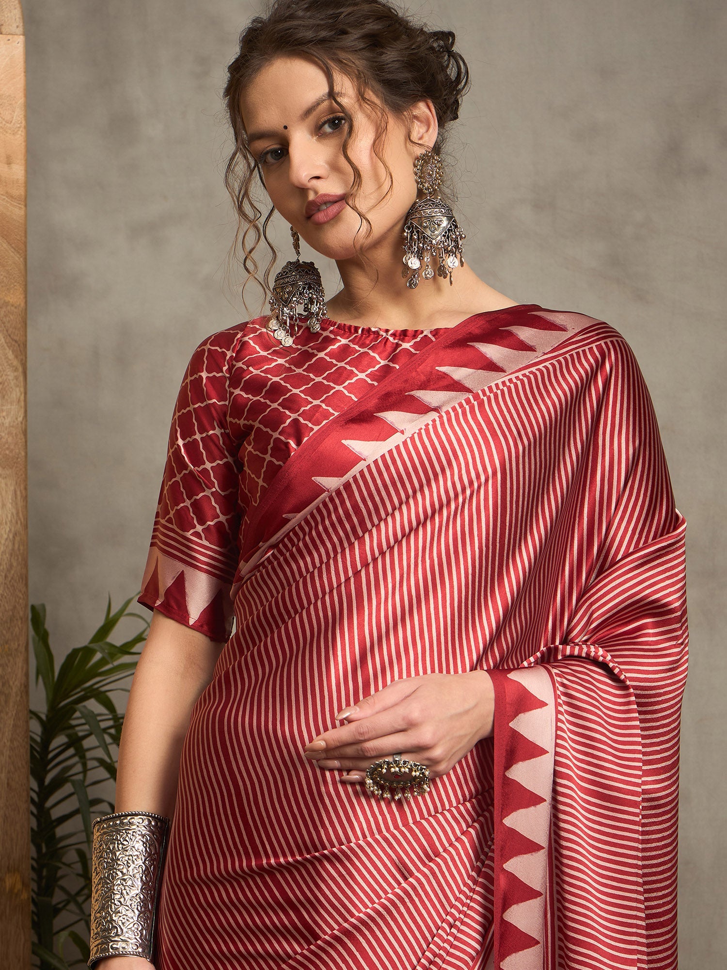 Maroon Satin Silk Ajrakh Print Geometric Motif - Ressa