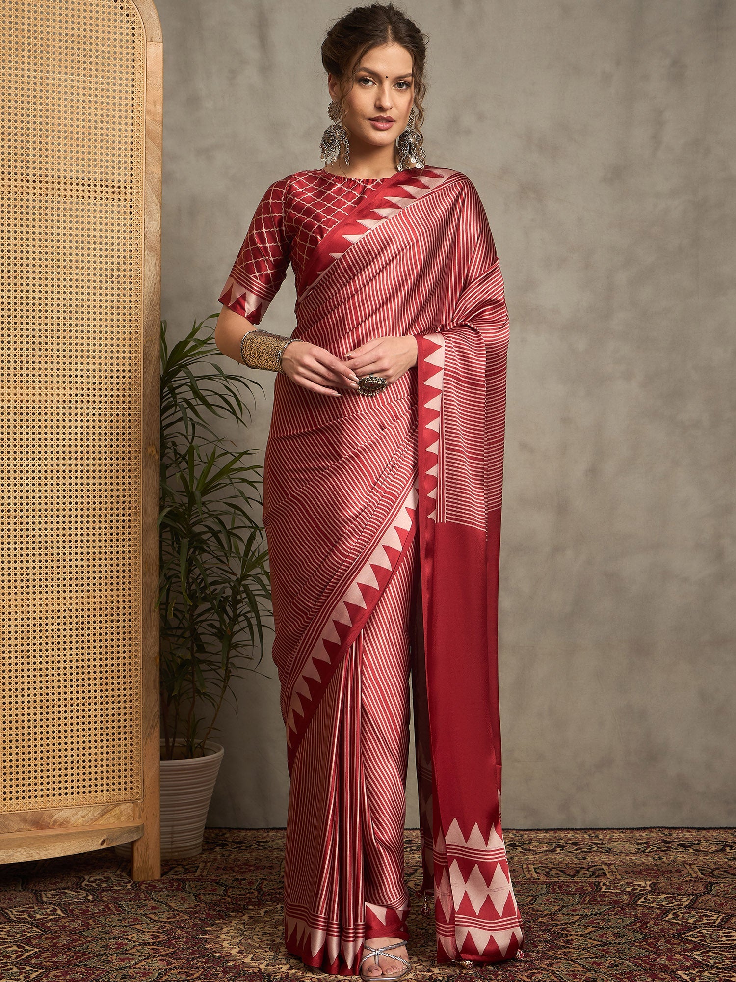 Maroon Satin Silk Ajrakh Print Geometric Motif - Ressa