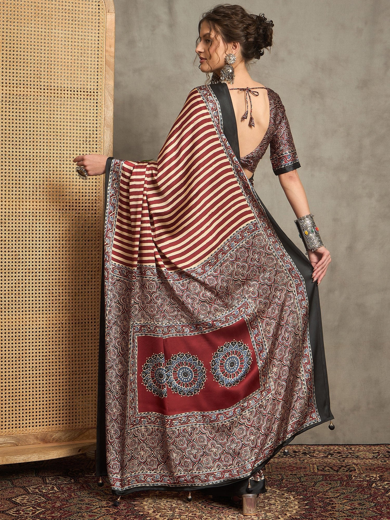Maroon Satin Silk Ajrakh Printed Saree - Ressa