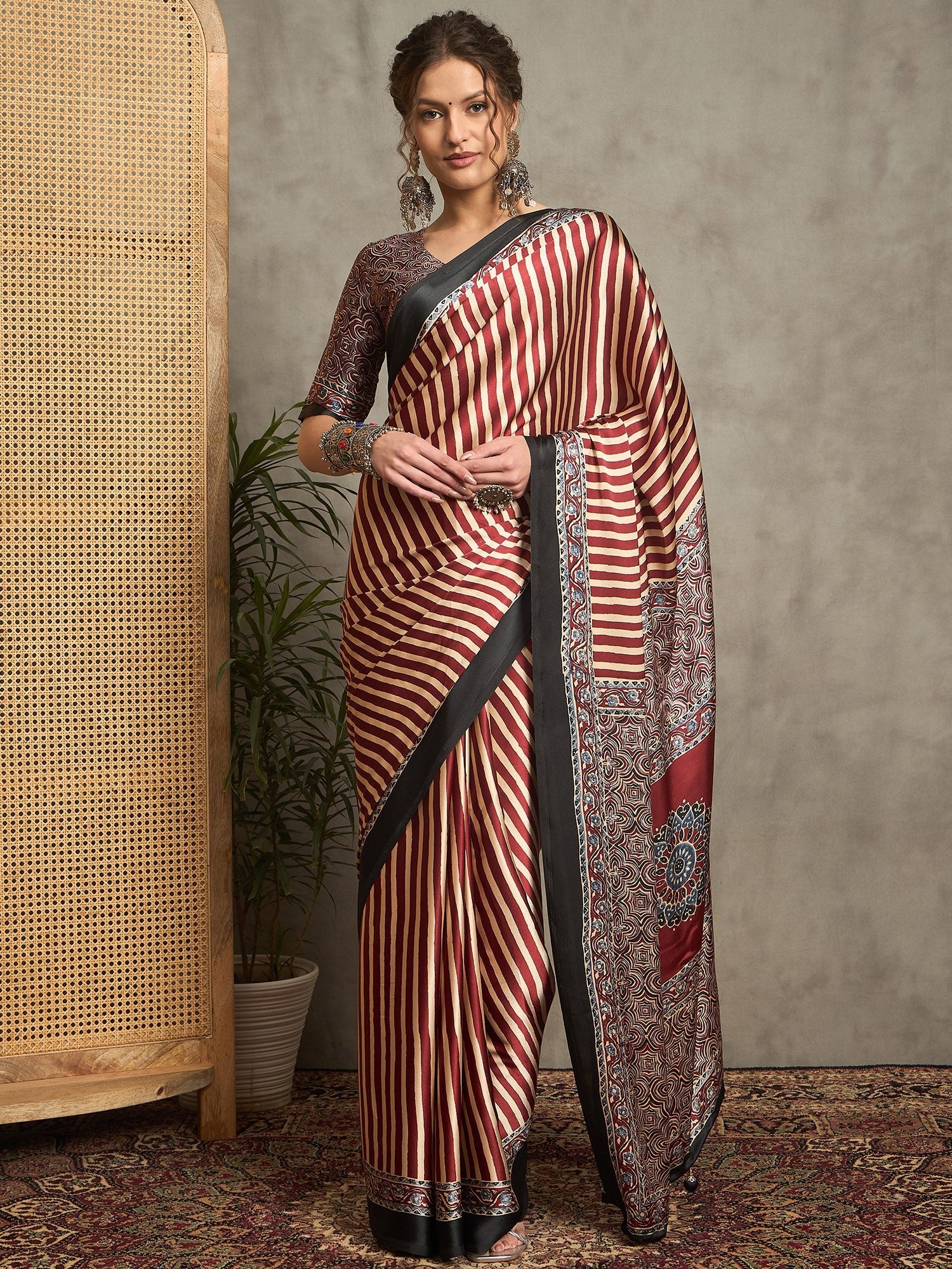 Maroon Satin Silk Ajrakh Printed Saree - Ressa