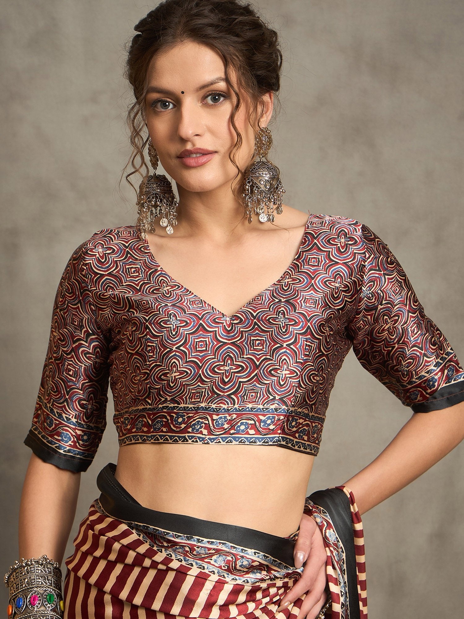 Maroon Satin Silk Ajrakh Printed Saree - Ressa