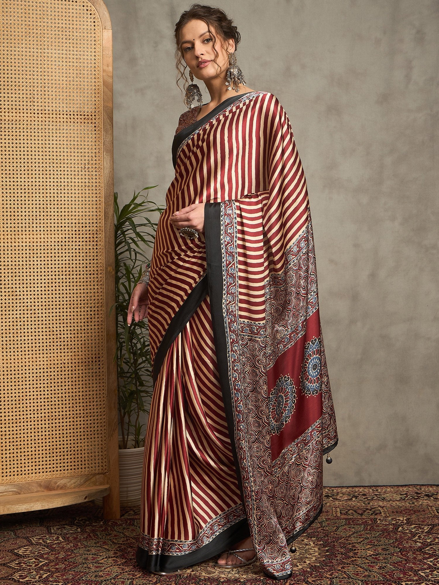Maroon Satin Silk Ajrakh Printed Saree - Ressa