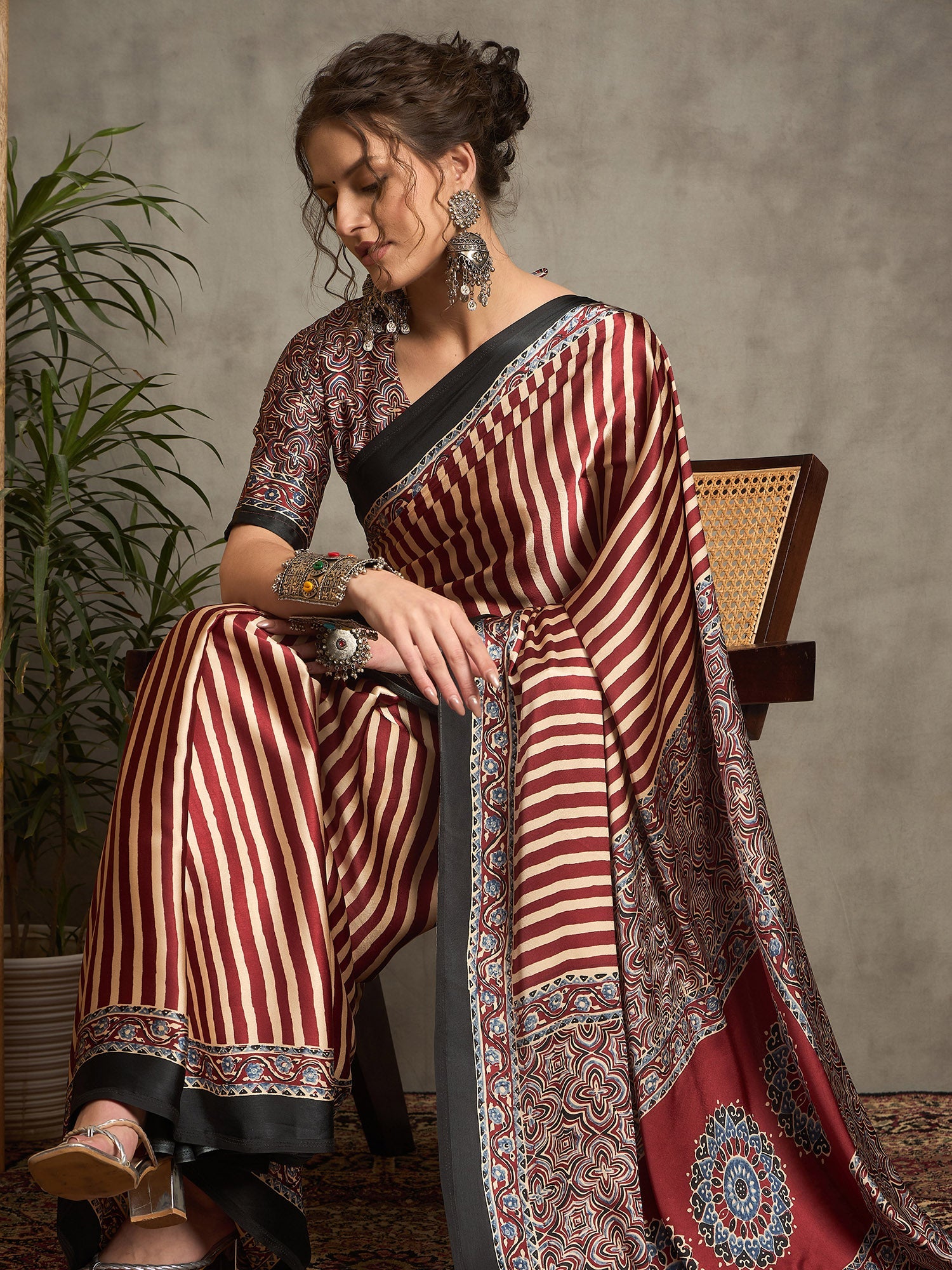 Maroon Satin Silk Ajrakh Printed Saree - Ressa
