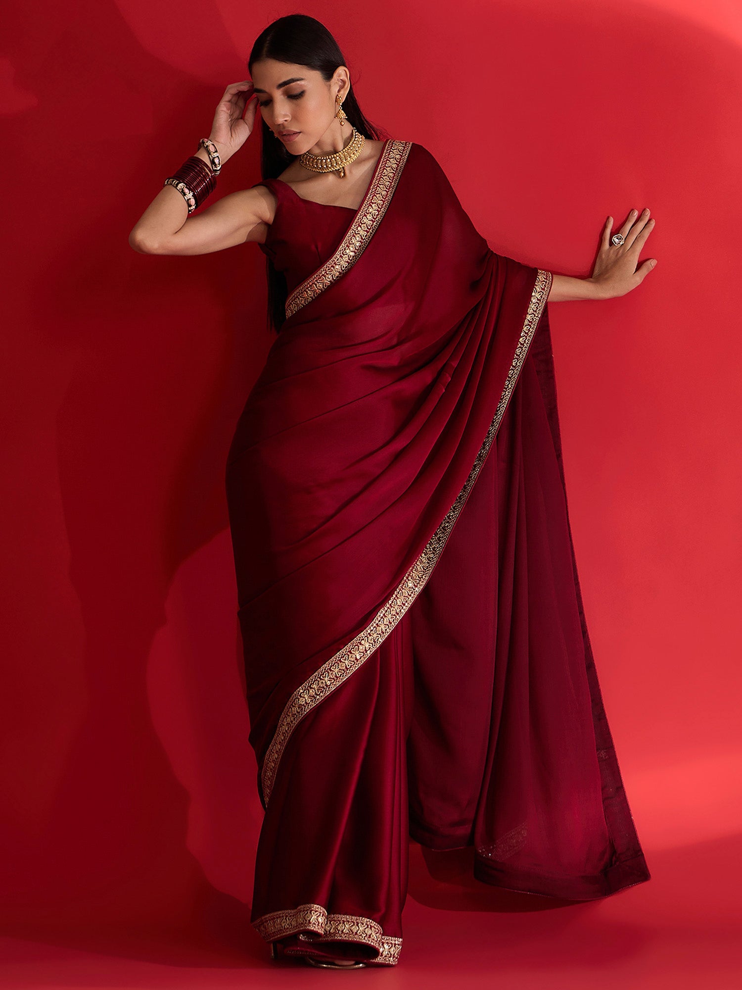 MAROON SATIN SILK EMBLISHED SAREE - Ressa