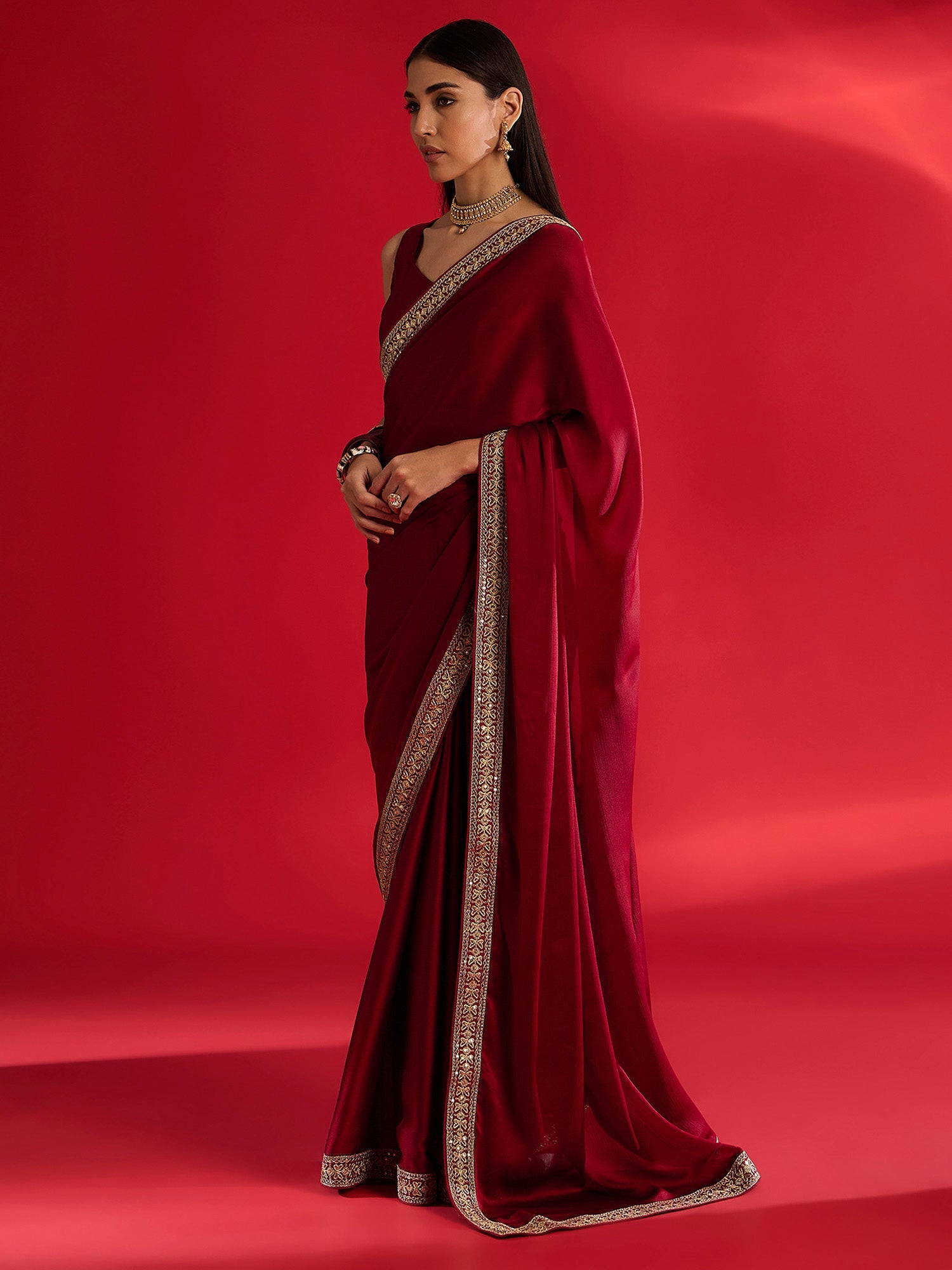 MAROON SATIN SILK EMBLISHED SAREE - Ressa