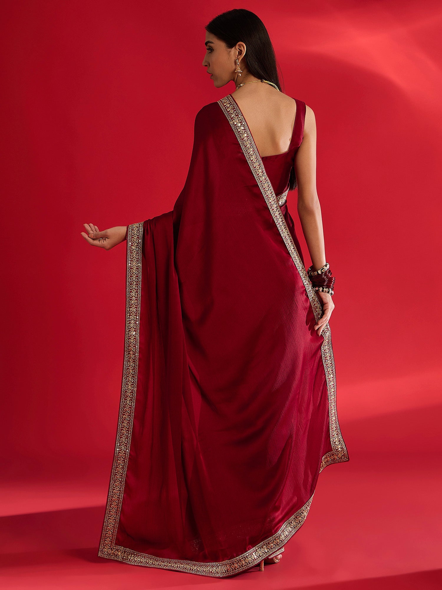 MAROON SATIN SILK EMBLISHED SAREE - Ressa