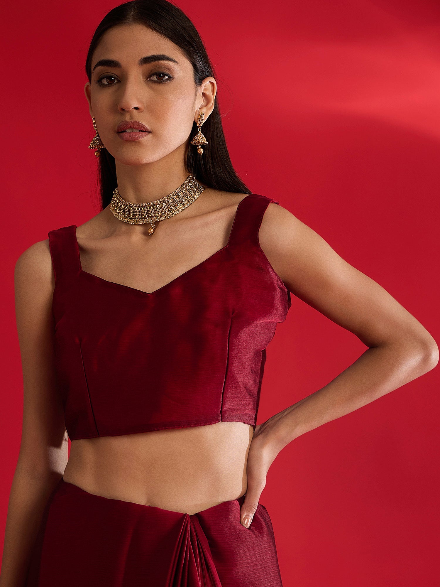 MAROON SATIN SILK EMBLISHED SAREE - Ressa