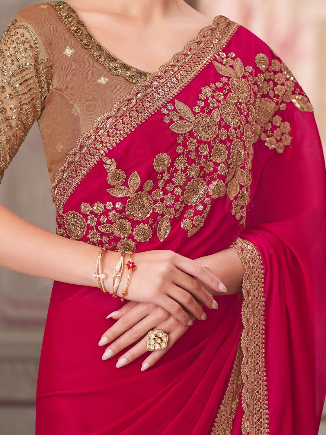 Maroon Satin Silk Embroidered Border With Sequin Saree - Ressa