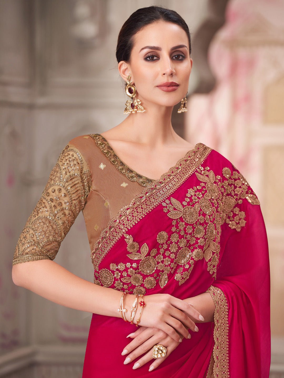 Maroon Satin Silk Embroidered Border With Sequin Saree - Ressa