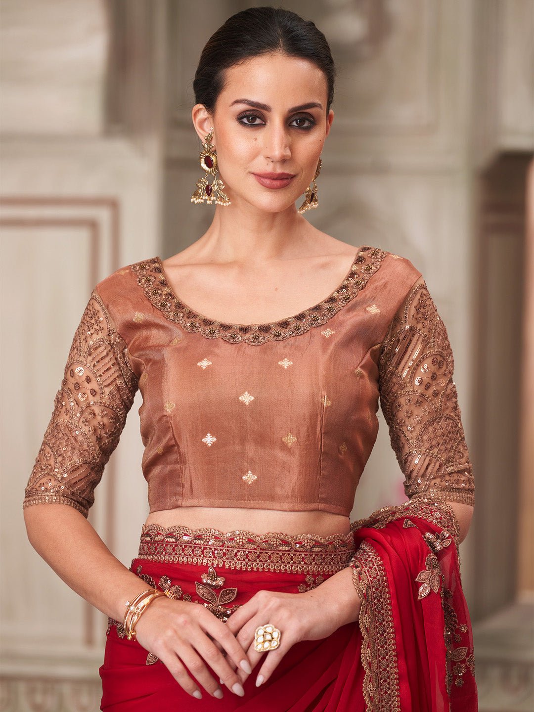 Maroon Satin Silk Embroidered Border With Sequin Saree - Ressa