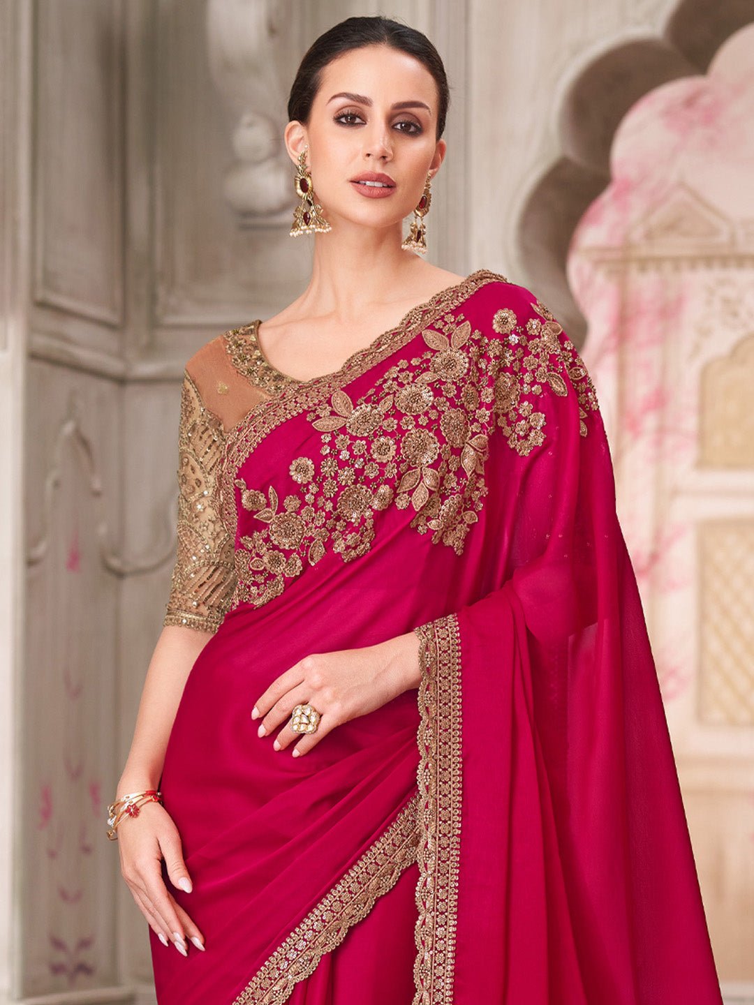 Maroon Satin Silk Embroidered Border With Sequin Saree - Ressa