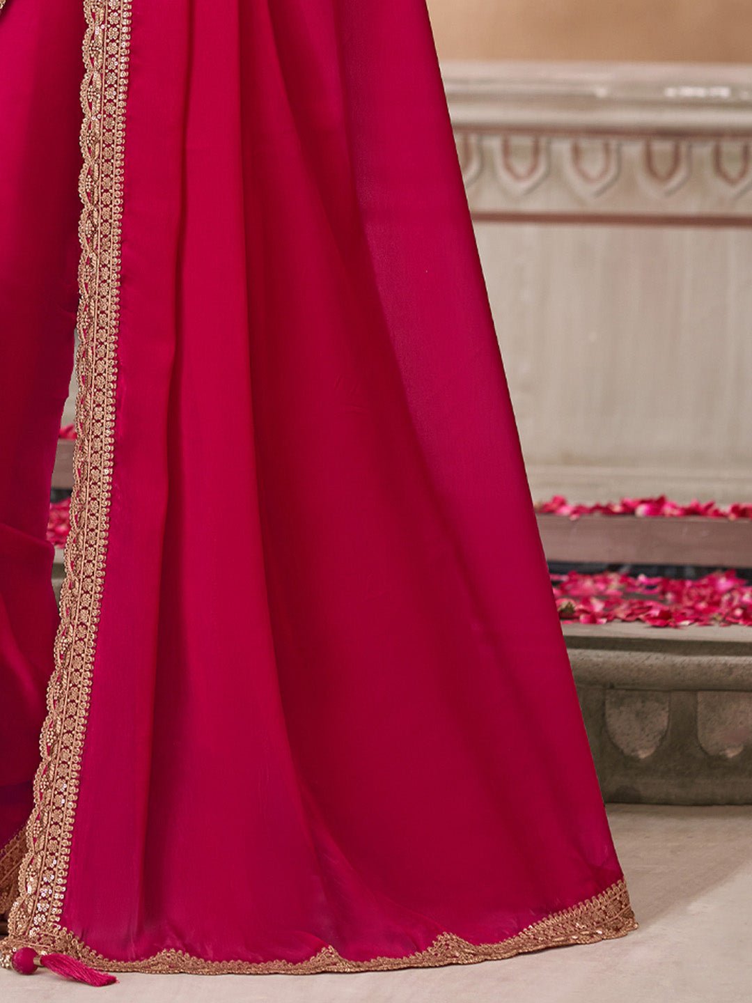 Maroon Satin Silk Embroidered Border With Sequin Saree - Ressa