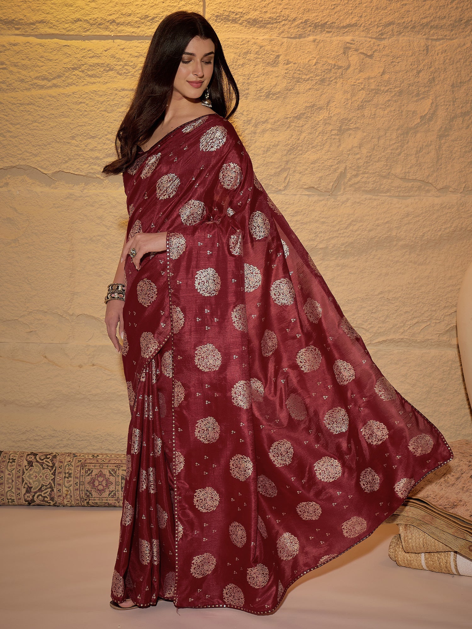 Maroon Silk Blend Traditional Woven Saree - Ressa