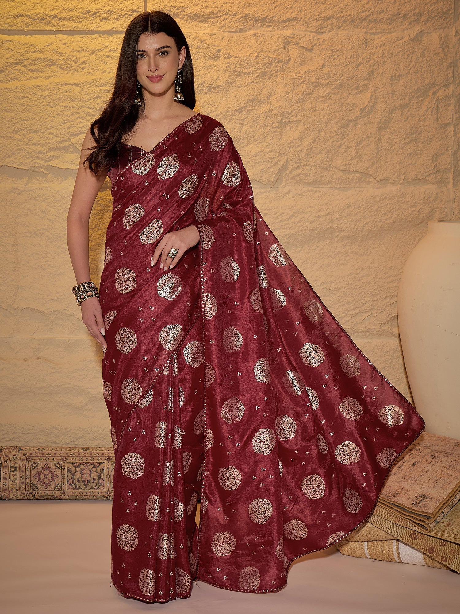 Maroon Silk Blend Traditional Woven Saree - Ressa