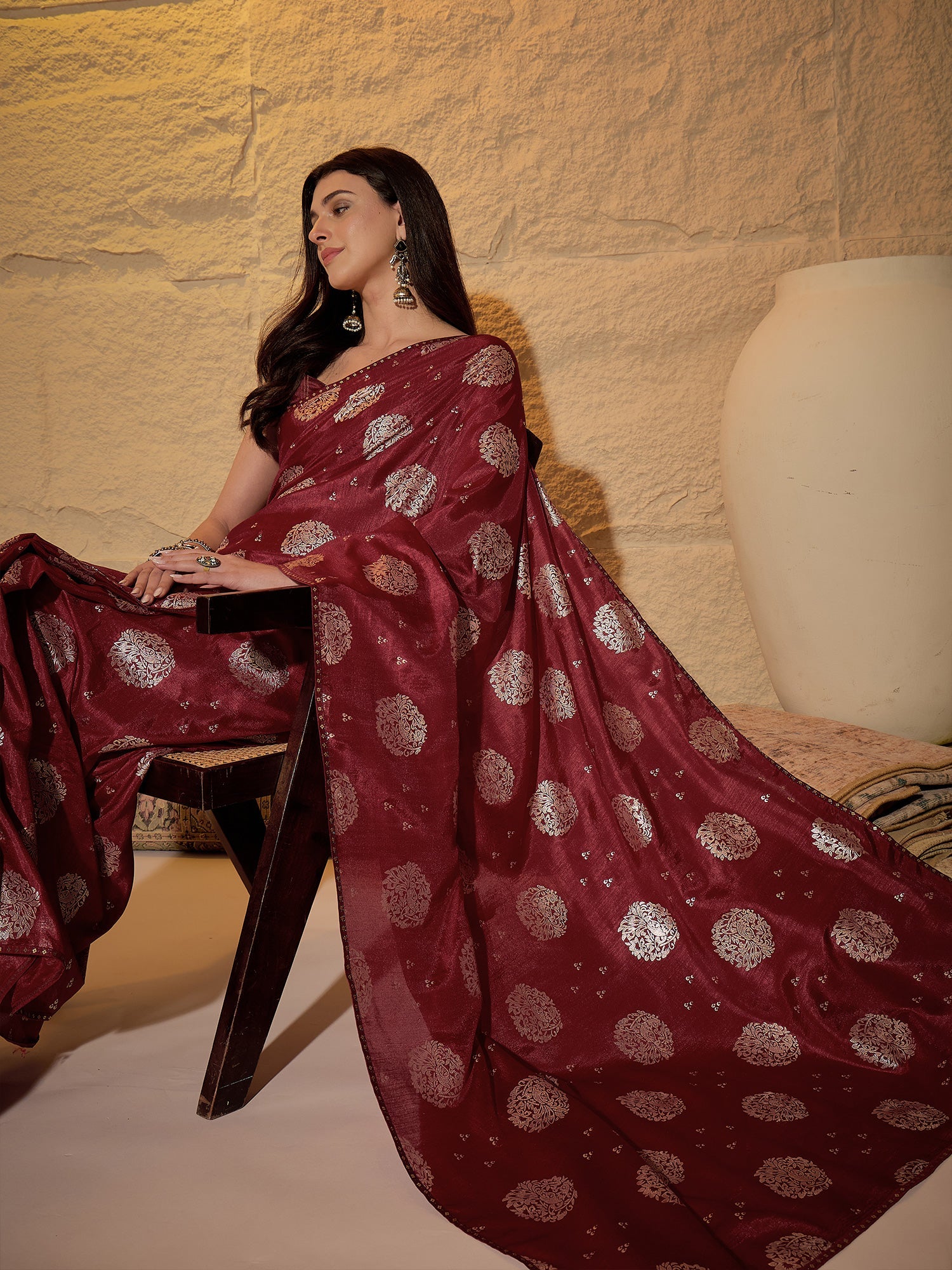 Maroon Silk Blend Traditional Woven Saree - Ressa