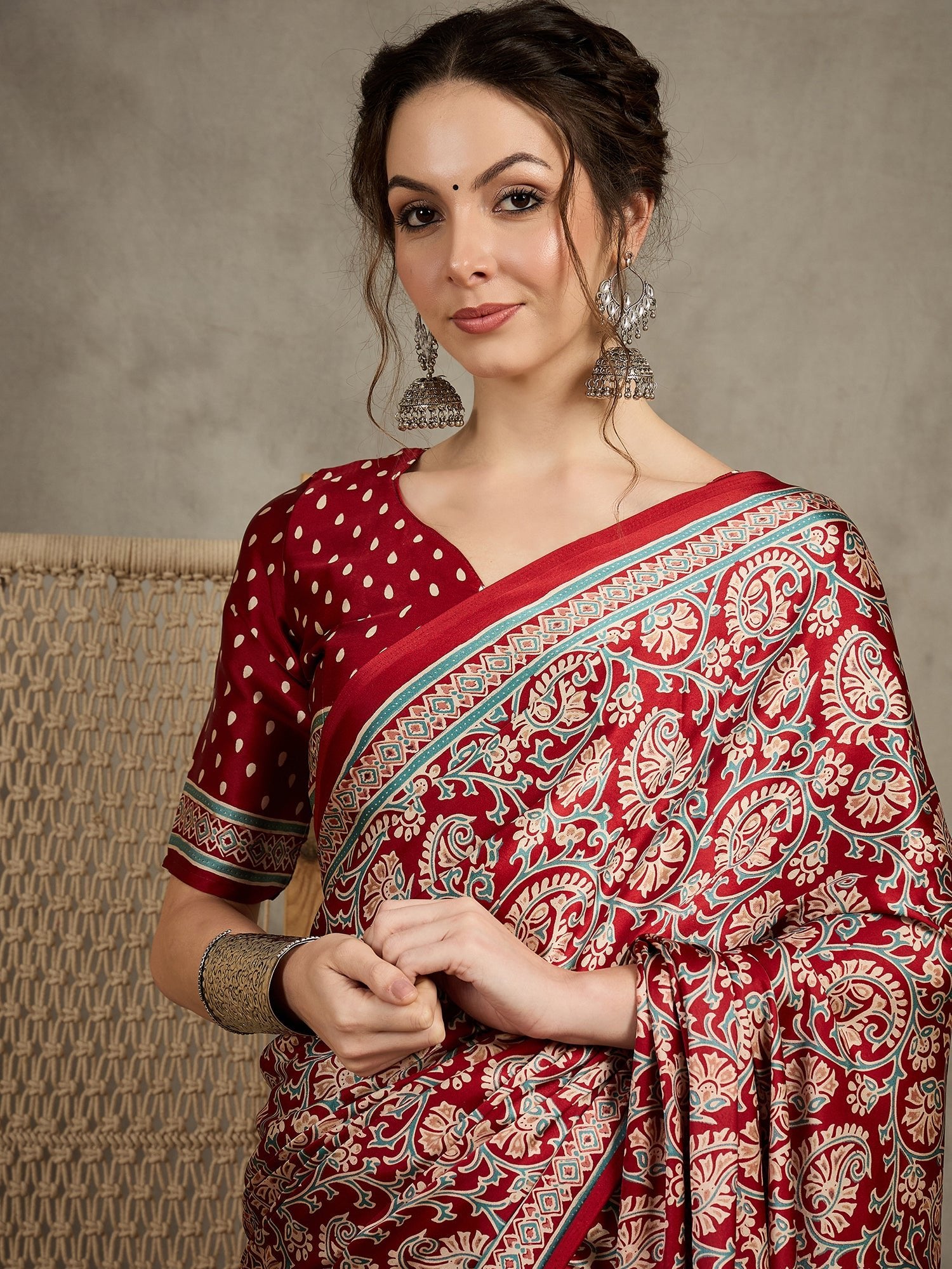 Maroon Silk Kalamkari Floral Print Saree - Ressa