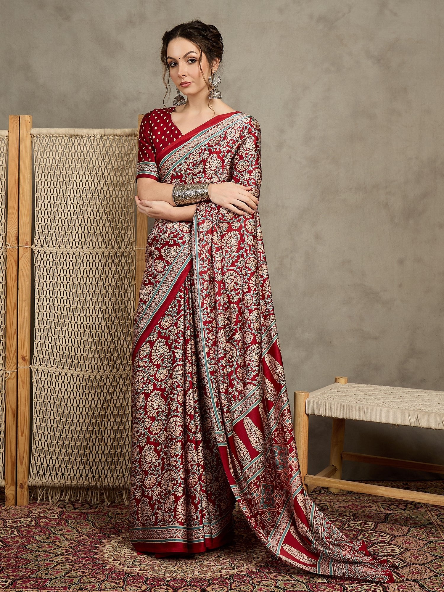 Maroon Silk Kalamkari Floral Print Saree - Ressa