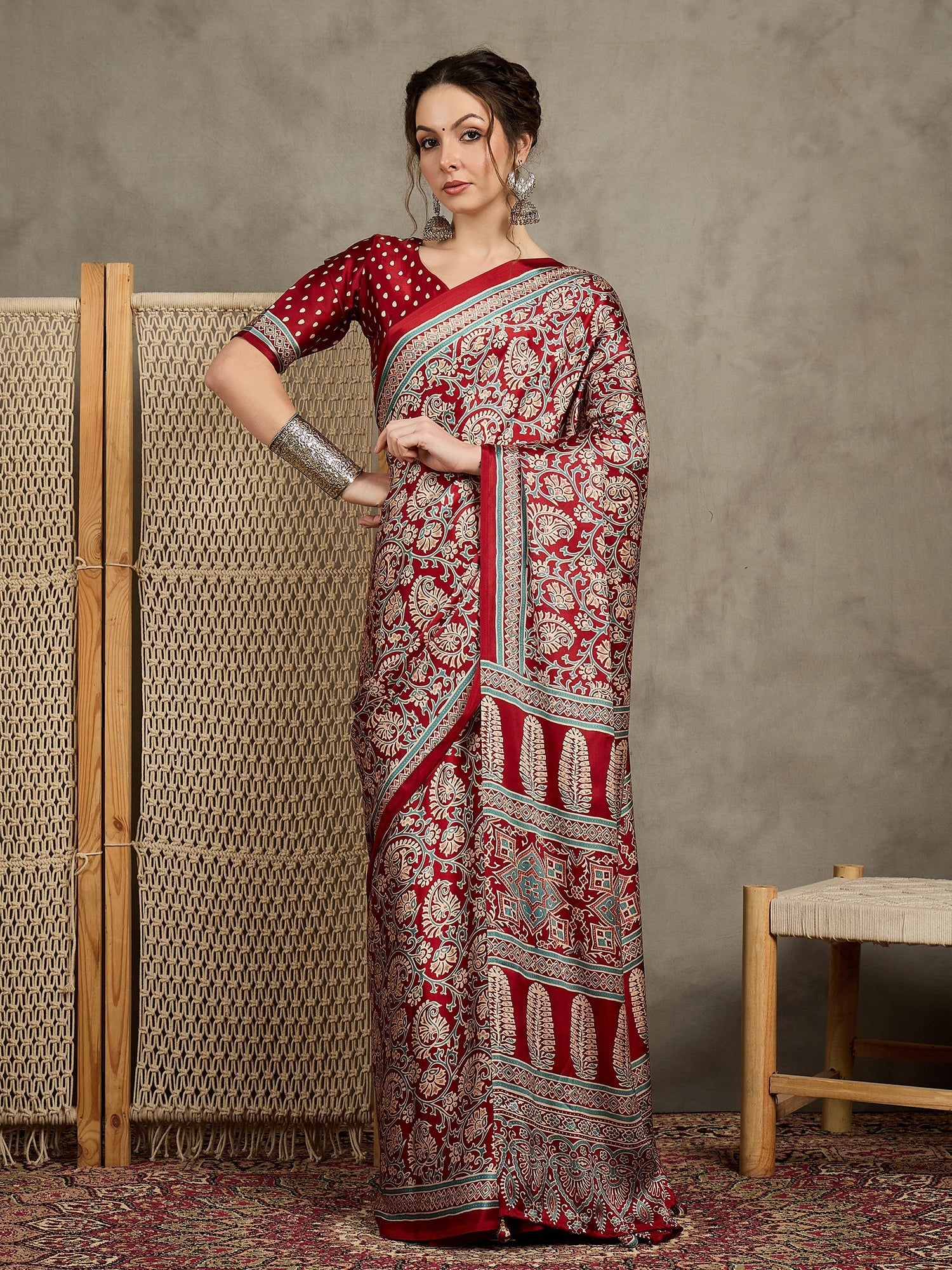 Maroon Silk Kalamkari Floral Print Saree - Ressa