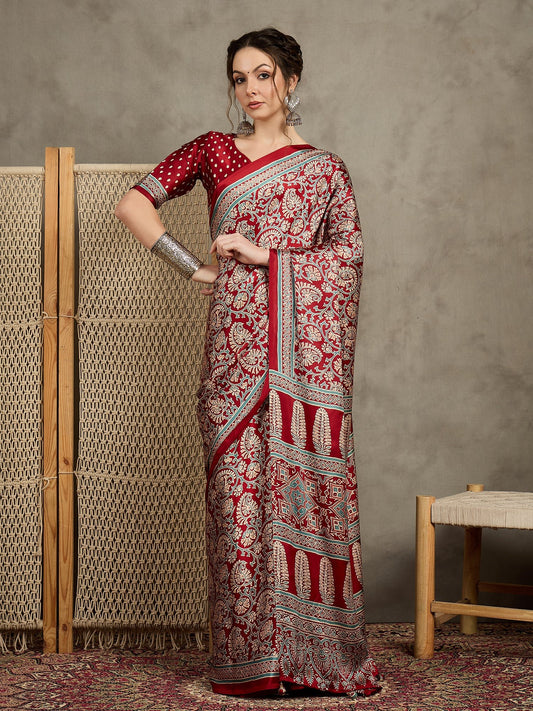 Maroon Silk Kalamkari Floral Print Saree - Ressa