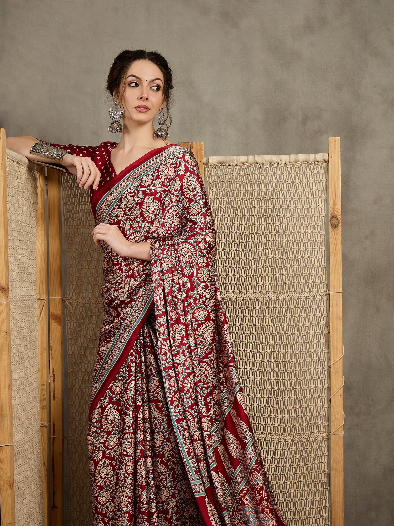 Maroon Silk Kalamkari Floral Print Saree - Ressa