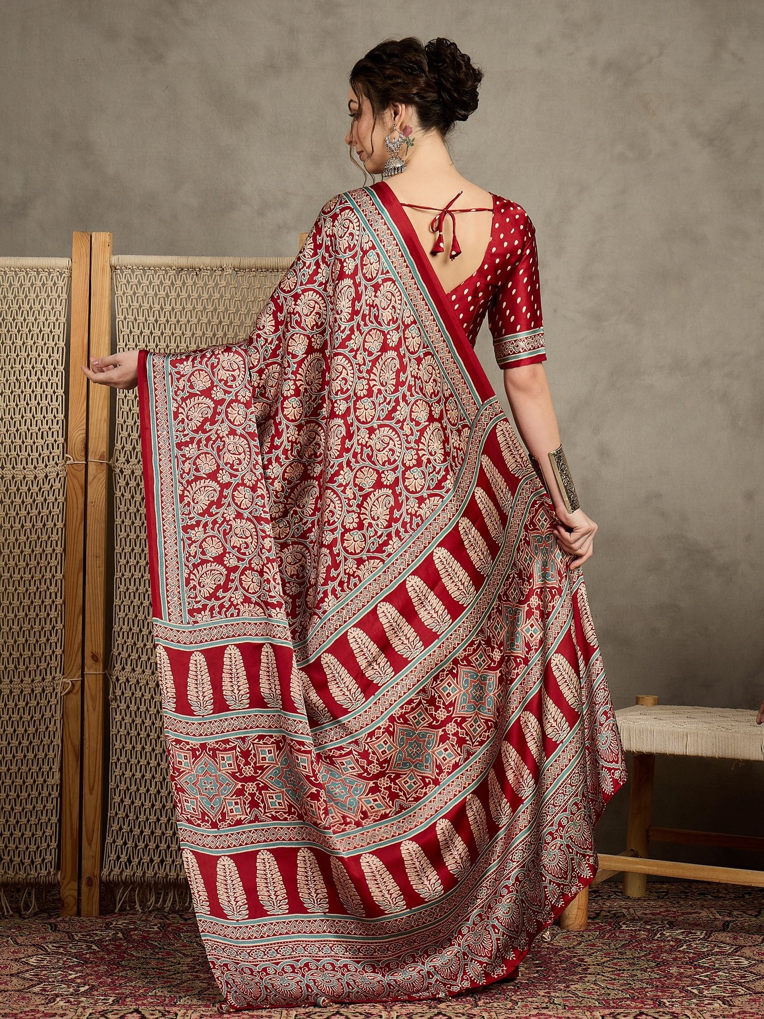 Maroon Silk Kalamkari Floral Print Saree - Ressa