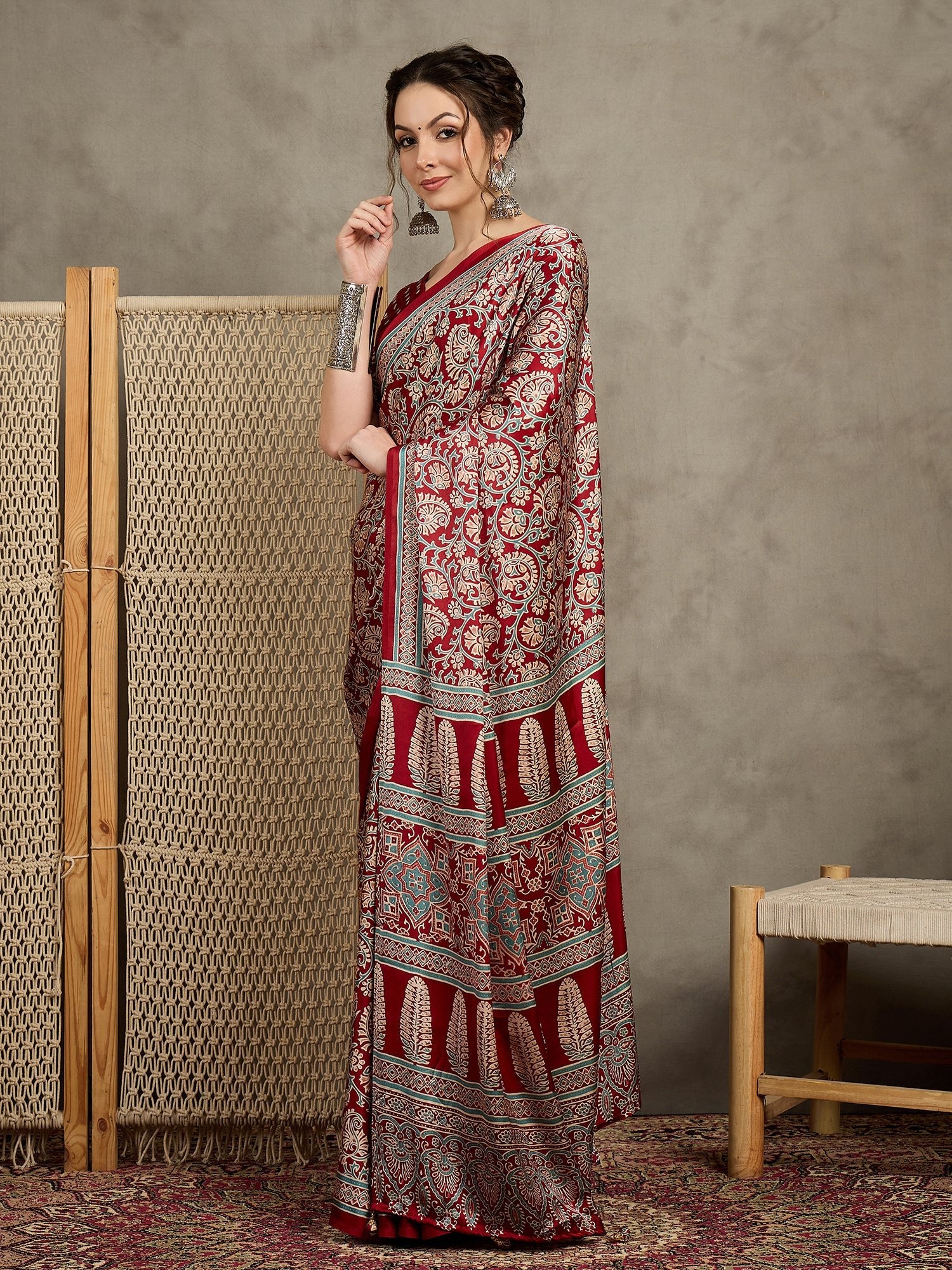 Maroon Silk Kalamkari Floral Print Saree - Ressa