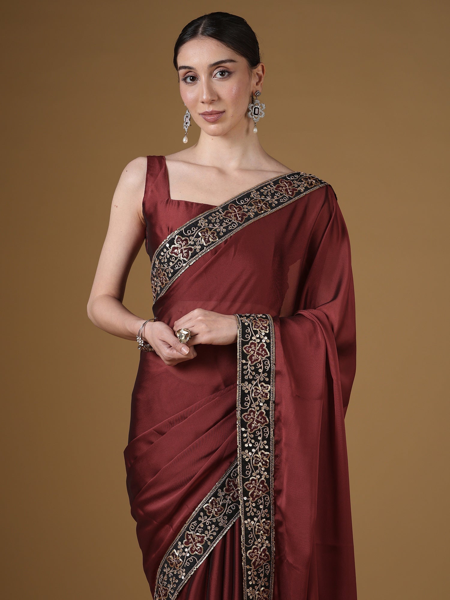 Maroon Silk Saree with Zardozi Embroidered Border | - Ressa