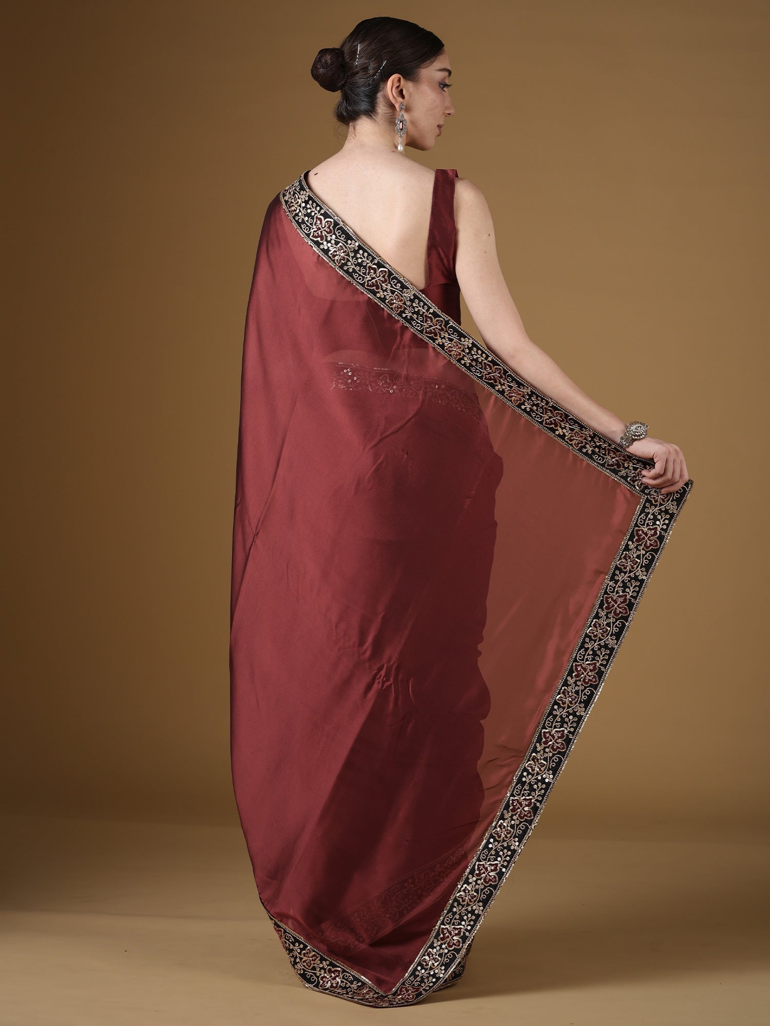 Maroon Silk Saree with Zardozi Embroidered Border | - Ressa