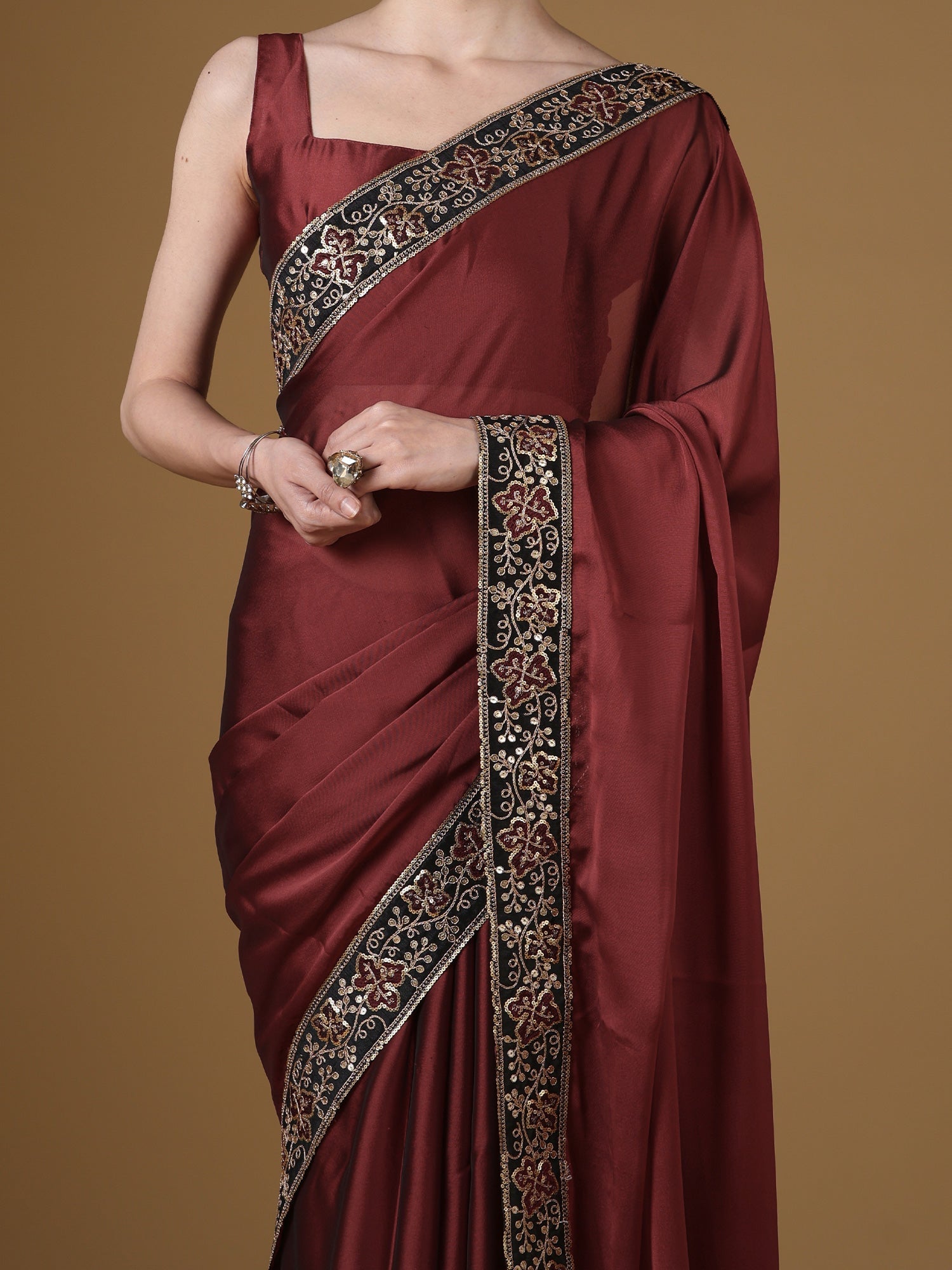 Maroon Silk Saree with Zardozi Embroidered Border | - Ressa