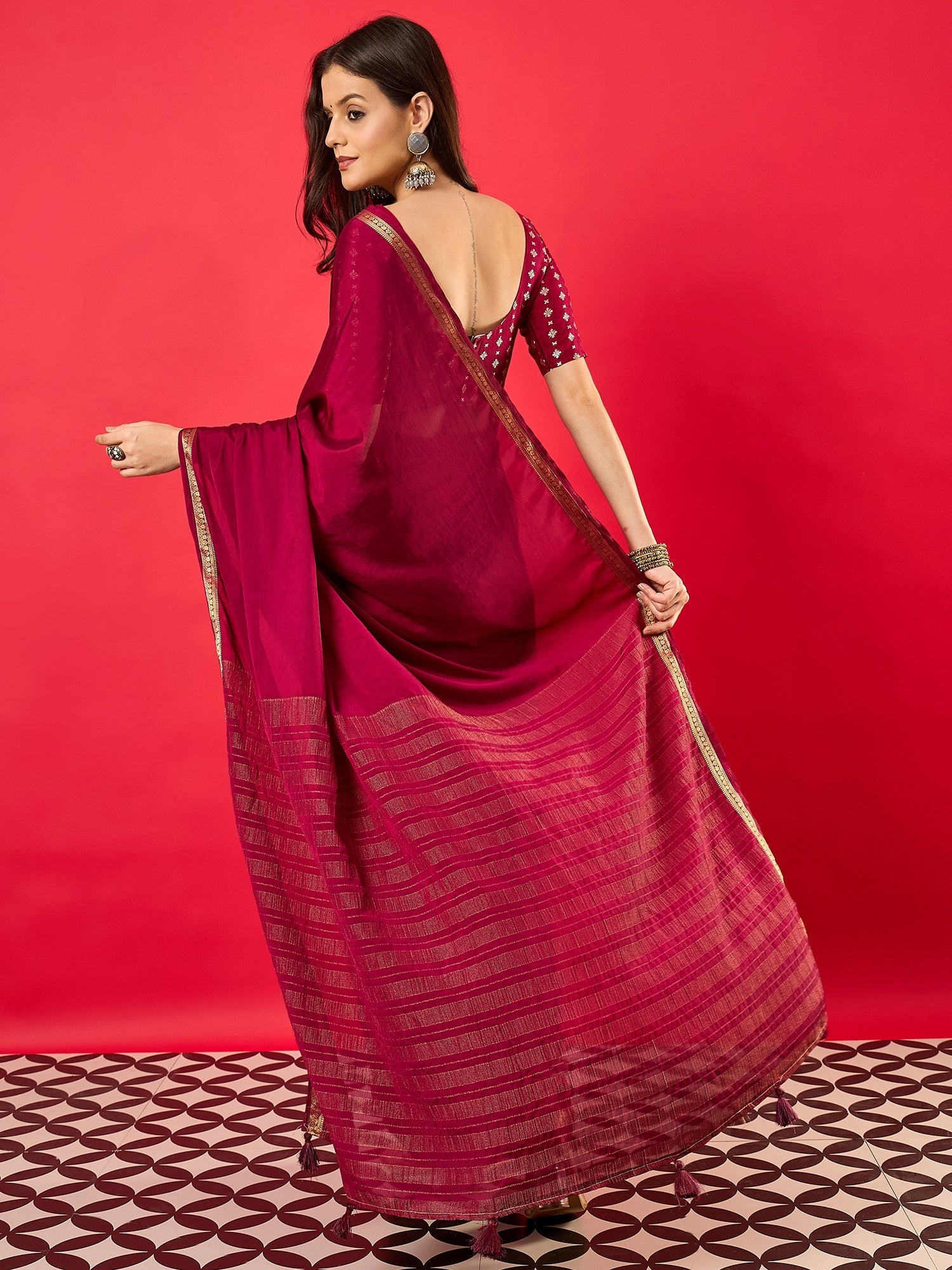 Maroon Silk Saree with Zari Border - Ressa