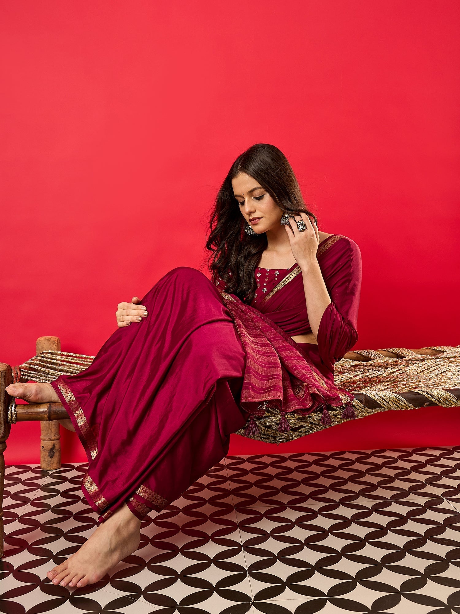 Maroon Silk Saree with Zari Border - Ressa
