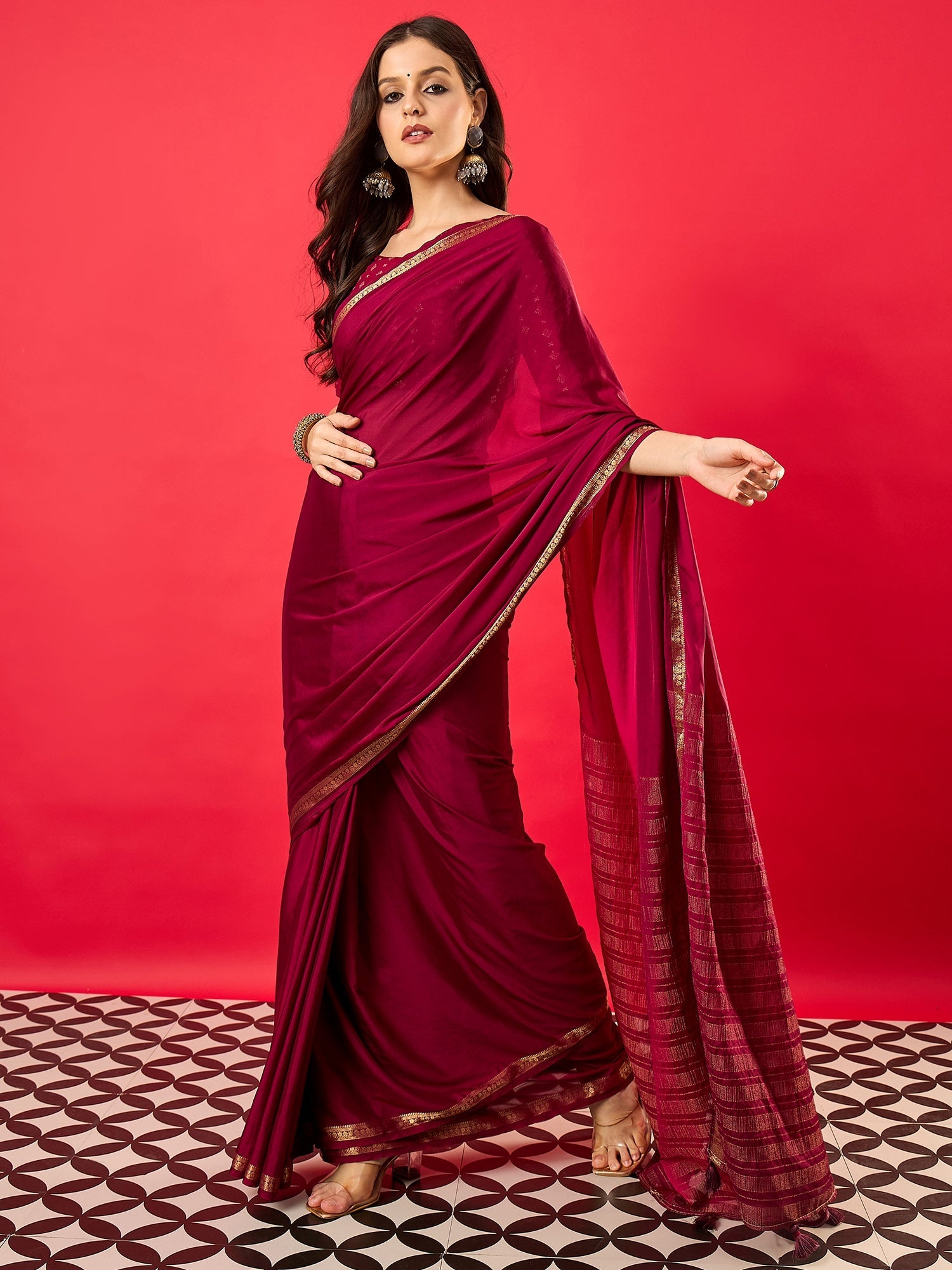 Maroon Silk Saree with Zari Border - Ressa