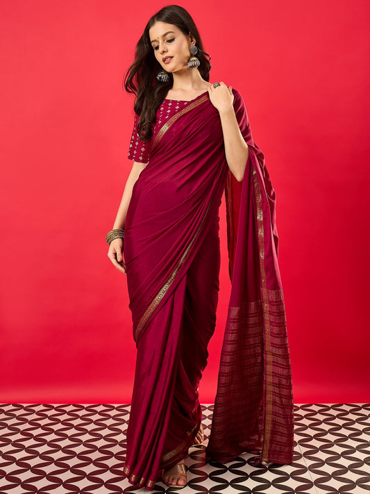 Maroon Silk Saree with Zari Border - Ressa