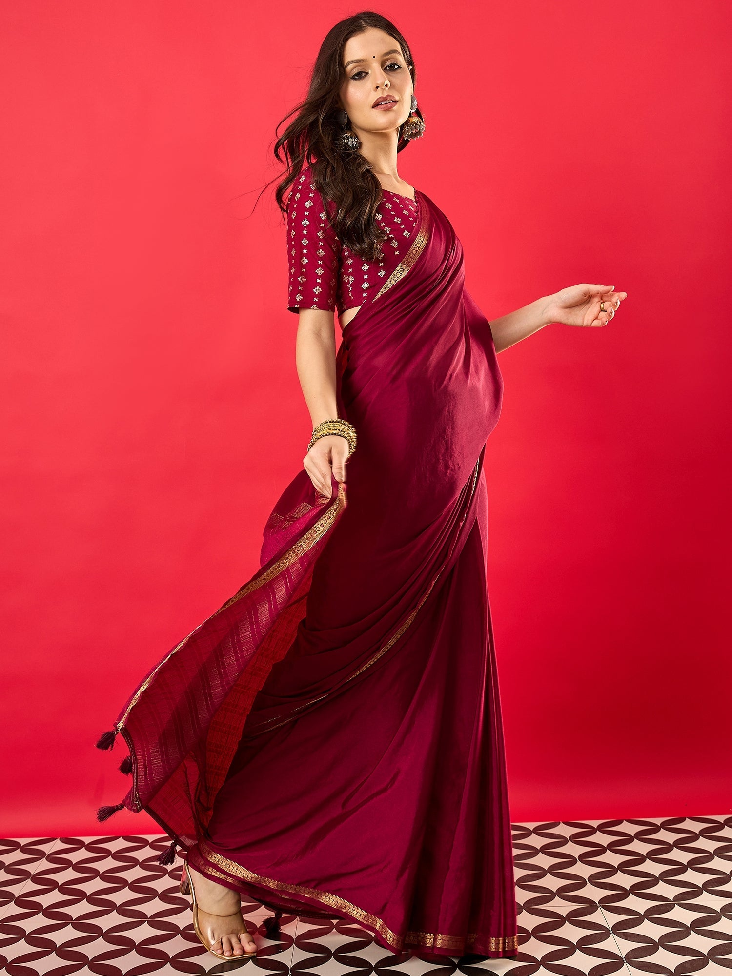 Maroon Silk Saree with Zari Border - Ressa