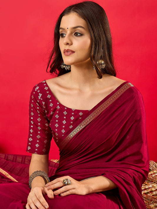 Maroon Silk Saree with Zari Border - Ressa