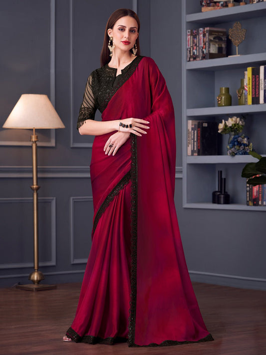 Maroon Solid Georgette Saree - Ressa