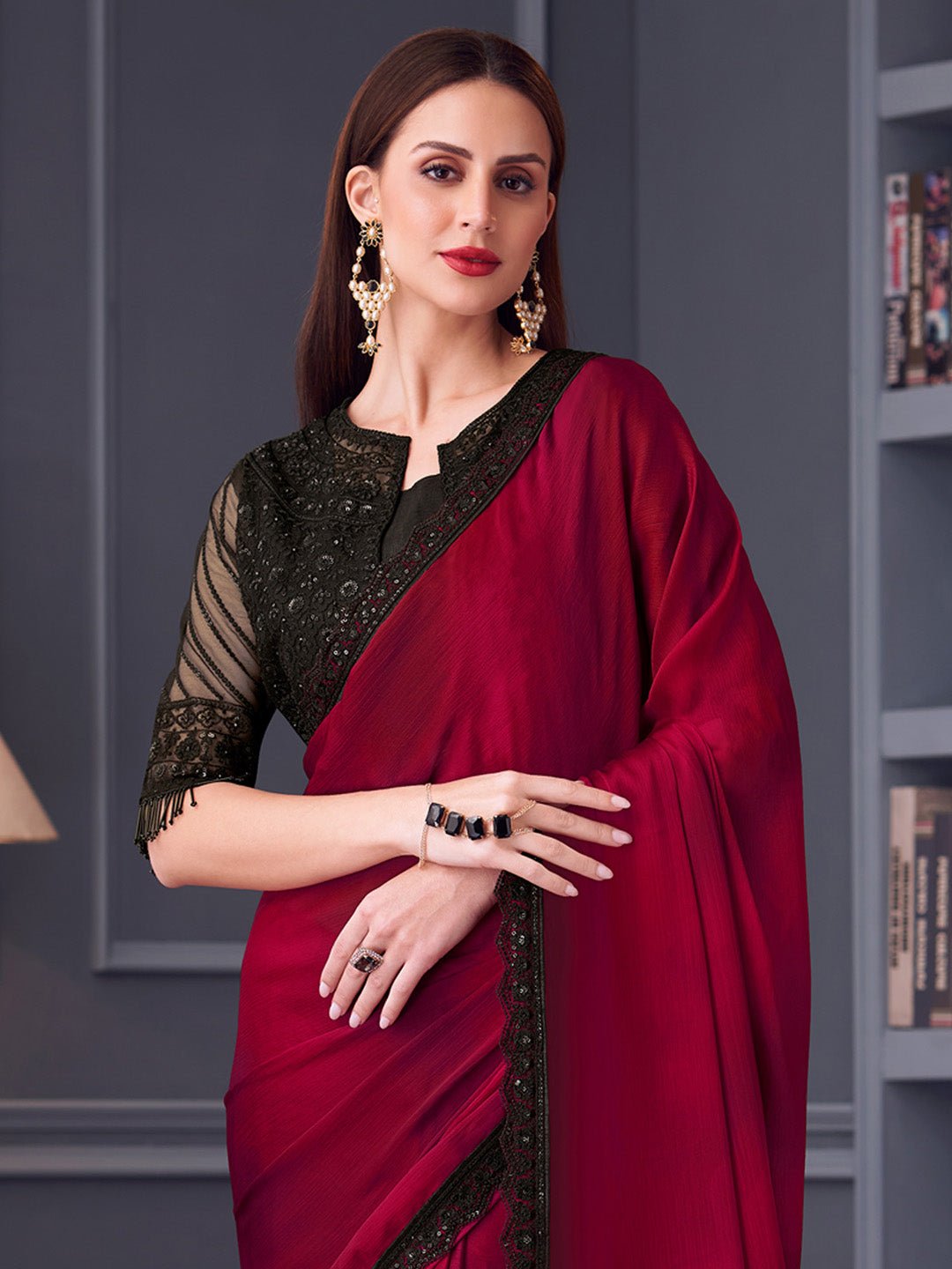 Maroon Solid Georgette Saree - Ressa