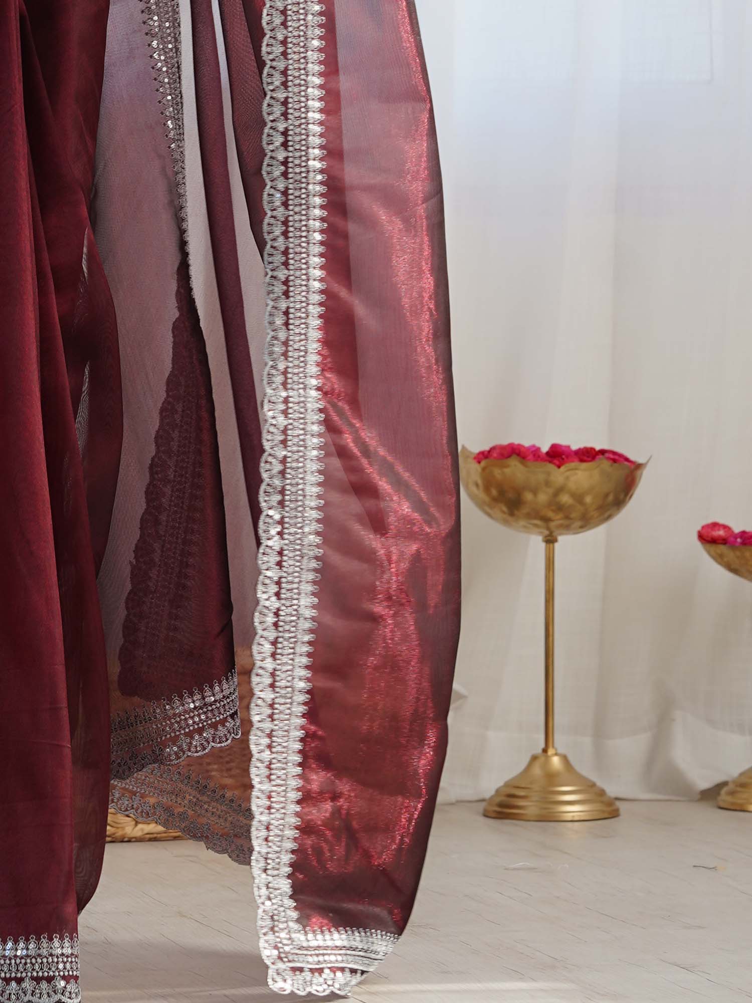 Maroon Solid Organza Scalloped Border Saree - Ressa