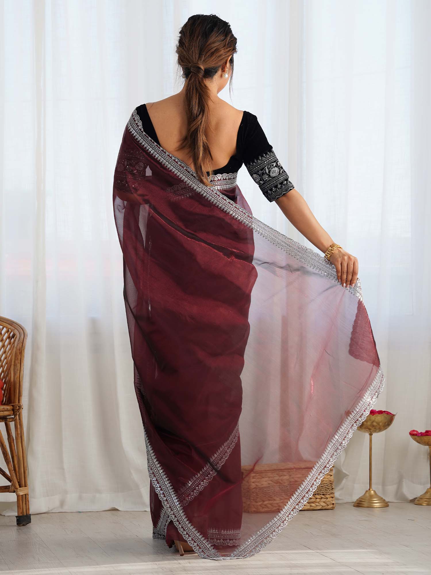 Maroon Solid Organza Scalloped Border Saree - Ressa