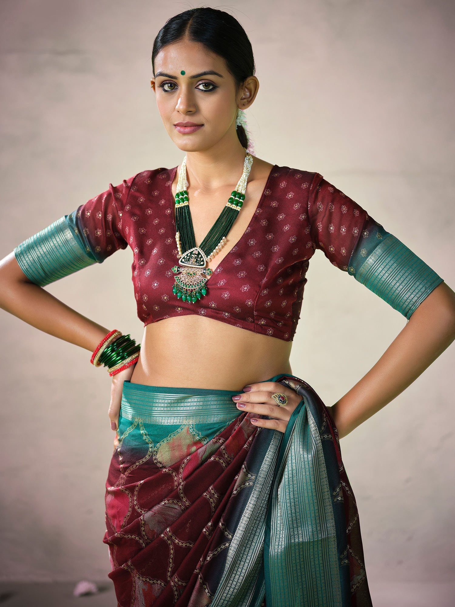 Maroon & Teal Organza Silk Saree | - Ressa