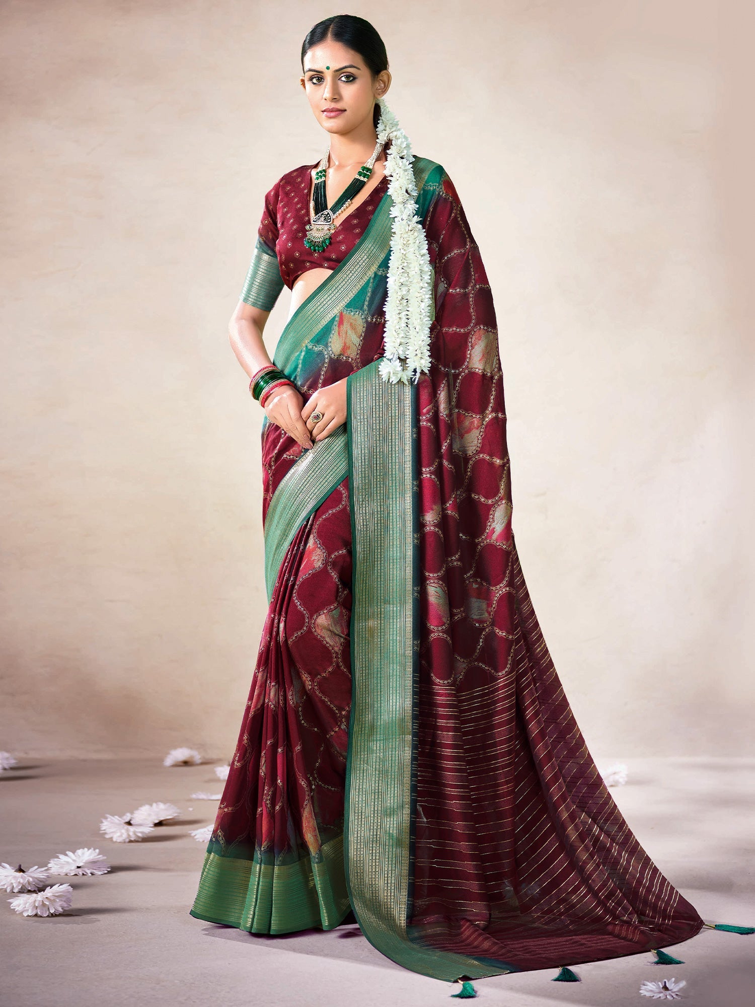 Maroon & Teal Organza Silk Saree | - Ressa