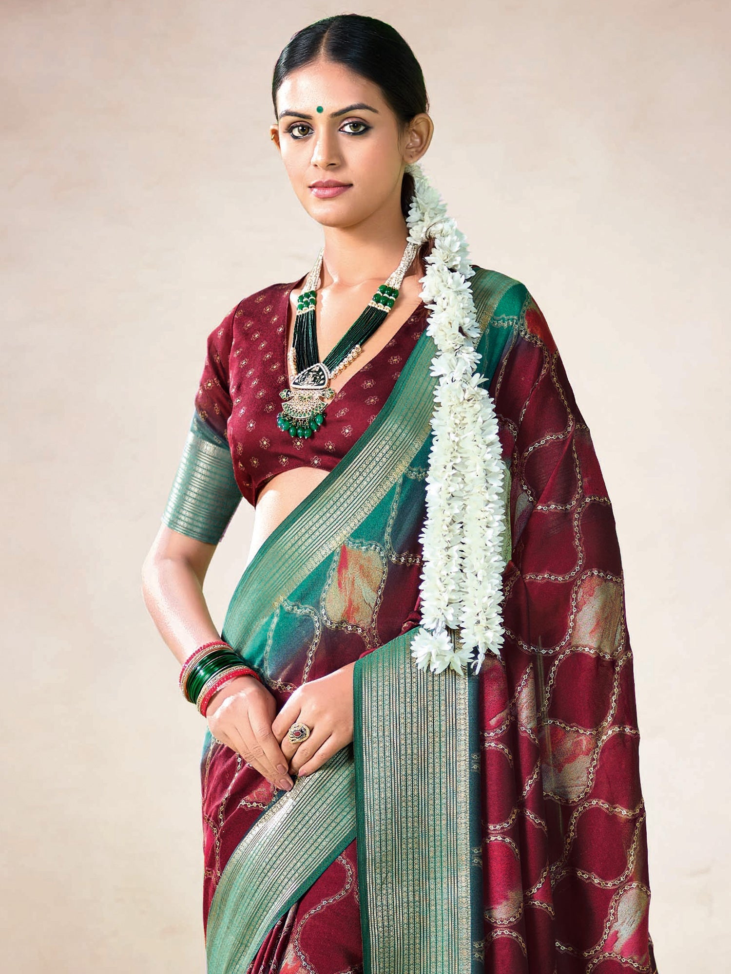Maroon & Teal Organza Silk Saree | - Ressa