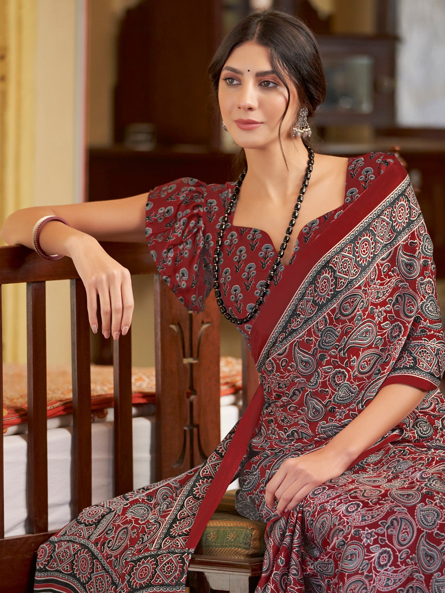 Maroon Traditional Block Printed Saree - Ressa